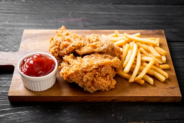 pollo fritto con patatine fritte e pasto di pepite