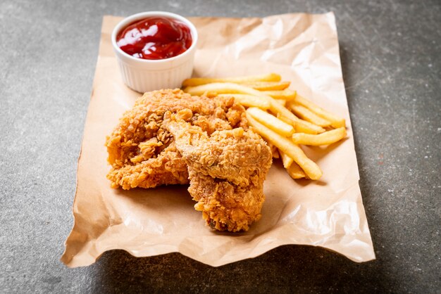 pollo fritto con patatine fritte e pasto di pepite