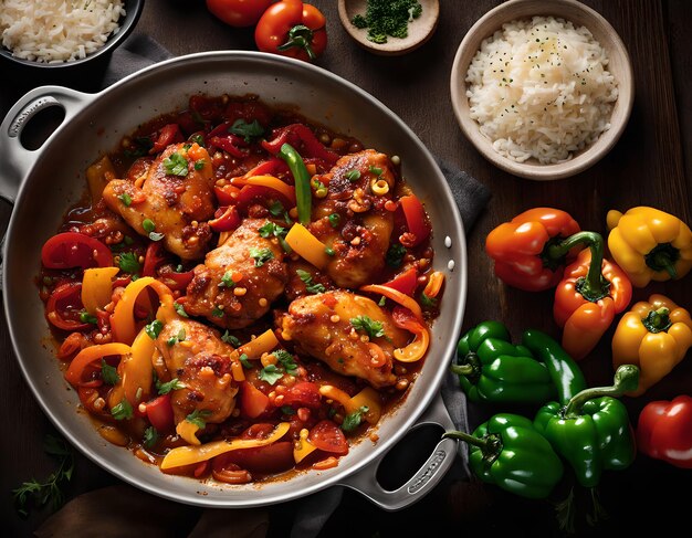 Pollo fritto con peperoncino, pomodori e carote