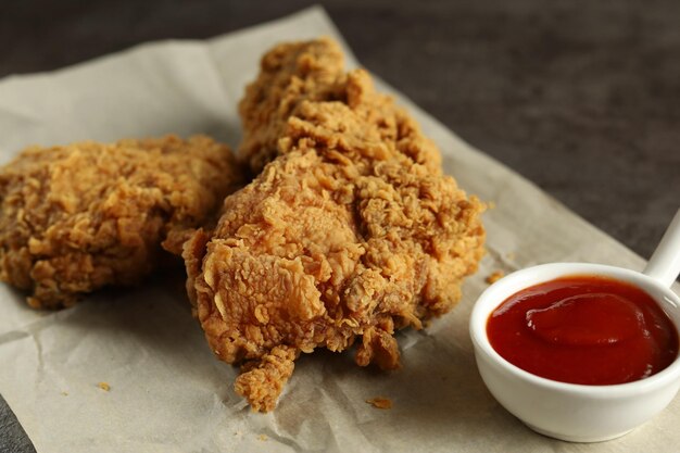 pollo fritto croccante con salsa di pomodori a fondo nero