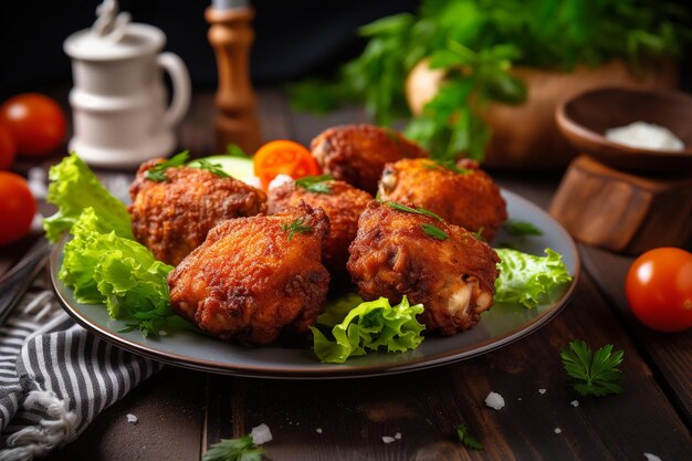 Pollo fritto croccante su un piatto con insalata e carota