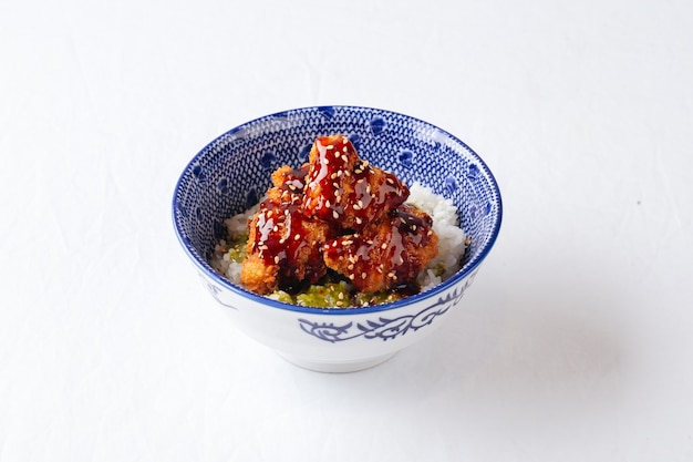 Pollo fritto del piatto di cucina giapponese asiatica isolata con riso