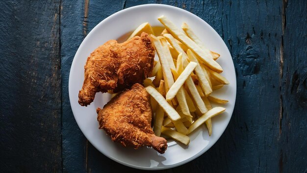 Pollo fritto e patatine fritte in piatto bianco