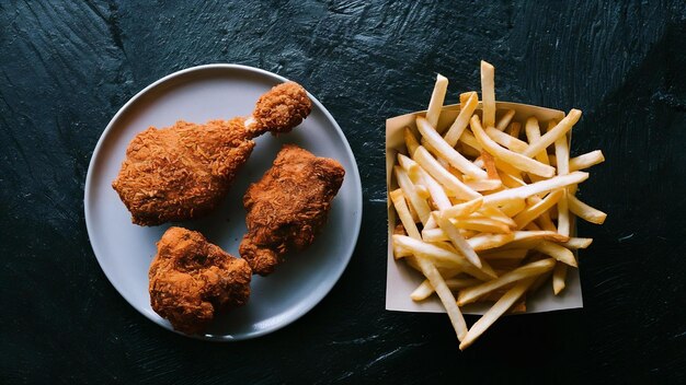 Pollo fritto e patatine fritte sul pavimento di cemento nero.