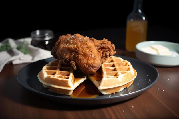 Pollo fritto e waffle una classica combinazione di comfort food del sud creata con l'IA generativa