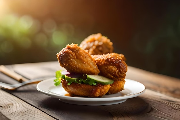 Pollo fritto su un piatto con una fetta di cetriolo sul piatto.