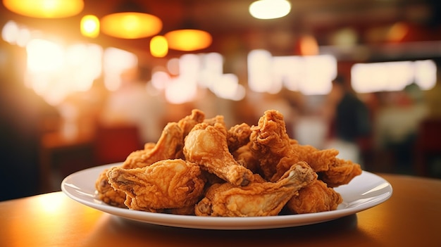 pollo fritto sul piatto bianco con sfocatura dello sfondo festivo