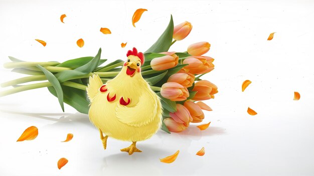 Pollo giallo con un bouquet di tulipani arancione su sfondo bianco con spazio per il testo