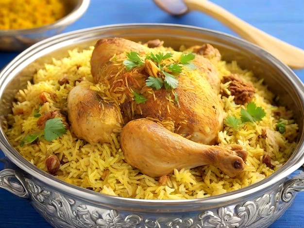 pollo gourmet biryani con riso basmati al vapore su un tavolo di legno scuro AI_Generated