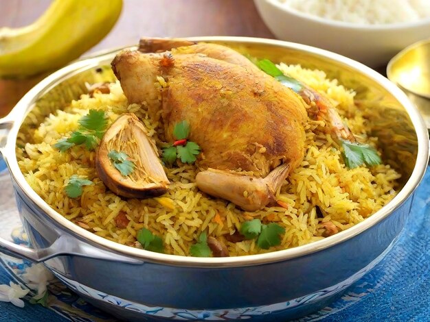 pollo gourmet biryani con riso basmati al vapore su un tavolo di legno scuro AI_Generated