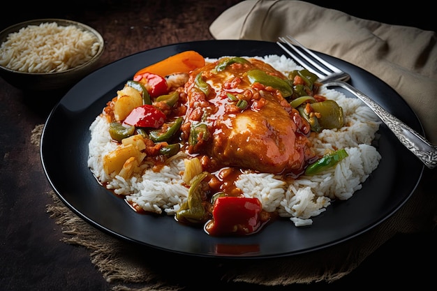 Pollo in agrodolce con riso su un piatto