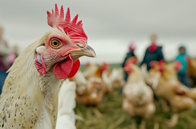 Pollo in close-up che guarda la telecamera con un gruppo di persone in un campo