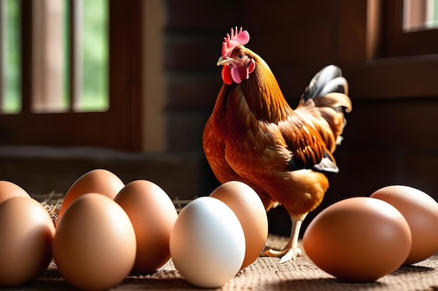 Pollo in piedi accanto a un gruppo di uova