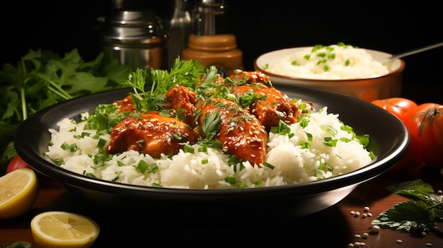 Pollo in salsa di pomodoro con riso in un piatto su sfondo verde