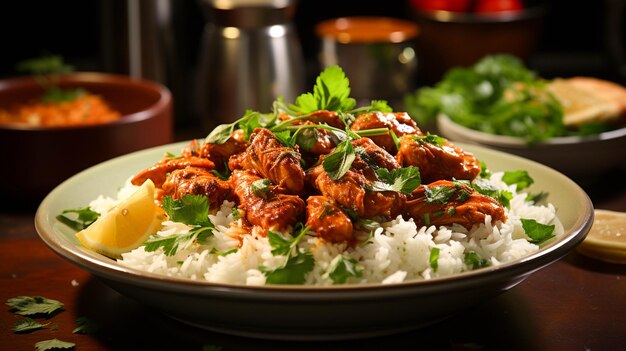 Pollo in salsa di pomodoro con riso in un piatto su sfondo verde