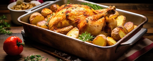 Pollo intero al forno con patate in primo piano su un piatto su un tavolo