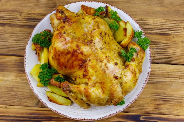 Pollo intero al forno con patate su un tavolo di legno