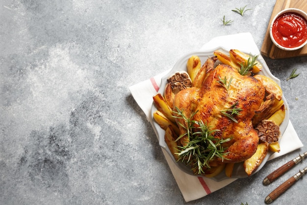 pollo intero al forno con rosmarino, aglio e ketchup su sfondo grigio cemento. pollo arrosto.