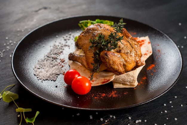 Pollo intero alla griglia con verdure su sfondo nero