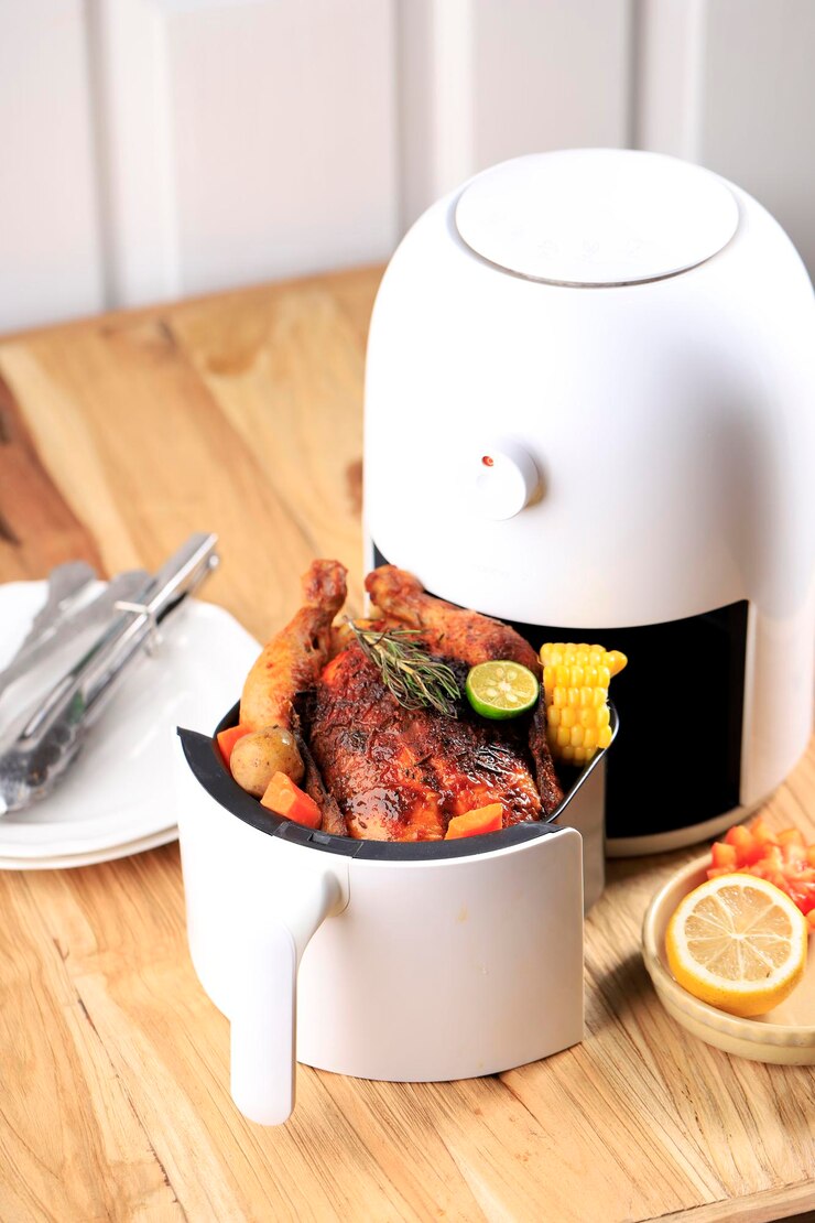 Pollo intero arrosto fatto in casa con limone, rosmarino, verdure in friggitrice ad aria. Copia spazio per il testo
