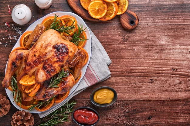 Pollo intero arrosto o al forno con rosmarino e arance, fatto in casa per la tradizionale cena di Natale in famiglia su un vecchio tavolo rustico in legno. Vista dall'alto con copia spazio.