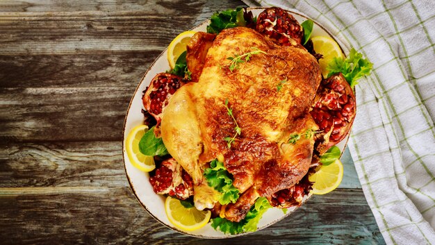 Pollo intero arrosto sul piatto con insalata e melograno.