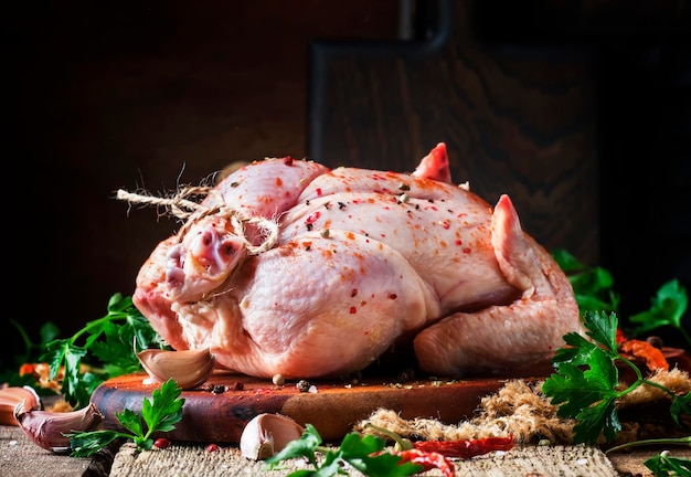 Pollo intero crudo con spezie e vista dall'alto del fondo grigio della marinata