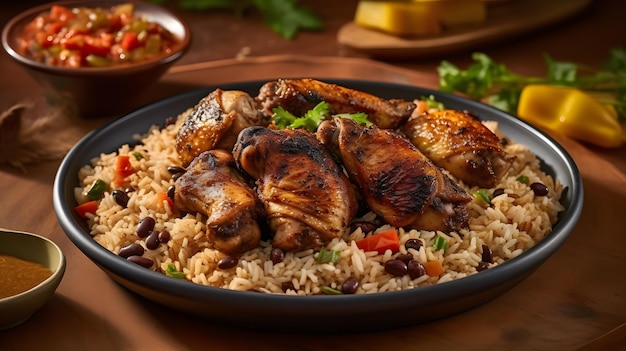 Pollo Jerk con riso e fagioli che è gustoso e speziato Generative AI