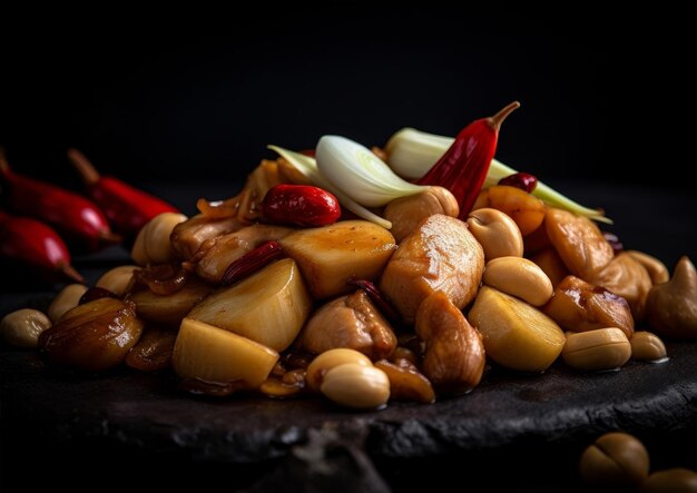 Pollo kung pao con castagne in fette e germogli di bambù