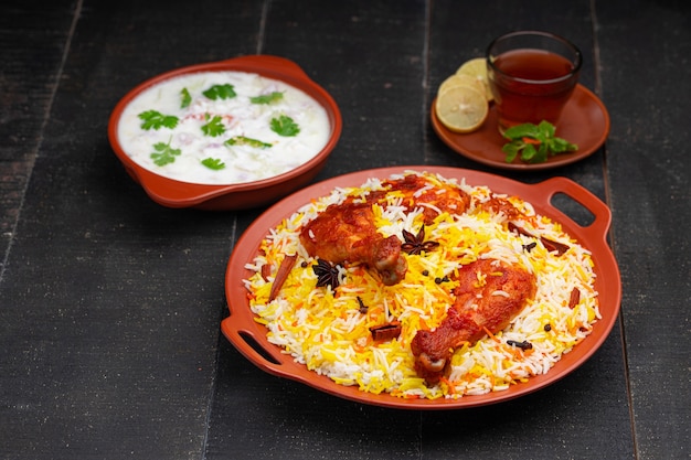 Pollo Mandi Biryani disposto in una terracotta con sfondo nero o texture