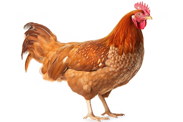 Pollo marrone in piedi su uno sfondo bianco che guarda la telecamera con gli occhi luminosi