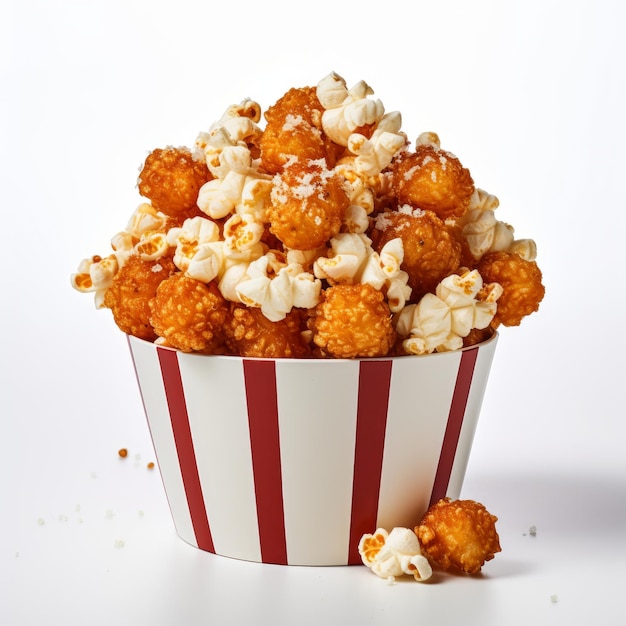 Pollo popcorn e popcorn in una ciotola bianca su sfondo bianco IA generativa