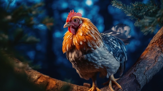 Pollo selvaggio a tutto corpo sull'albero bellissimo pollo con gli occhi arancione