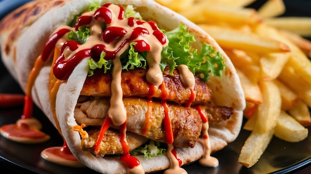 Pollo shawarmin con patatine fritte ketchup maionese e lattuga su tavola