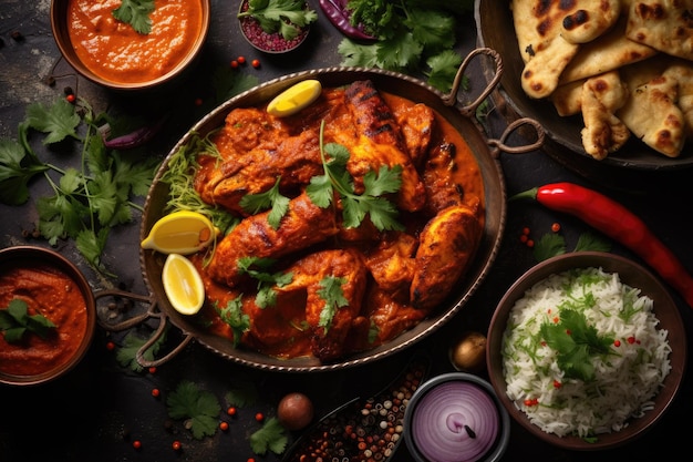 Pollo tikka masala o pollo tikka popolare ricetta alimentare indiana servita in una ciotola o piatto Messa a fuoco selettiva Festa del cibo indiano con pollo tikka masala al curry pollo tandoori generato dall'intelligenza artificiale