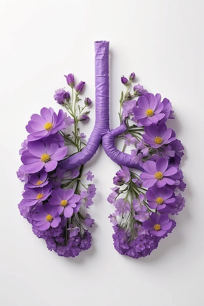Polmoni umani realizzati con fiori di campo viola su sfondo bianco Concepzione minima di coronavirus o polmonite