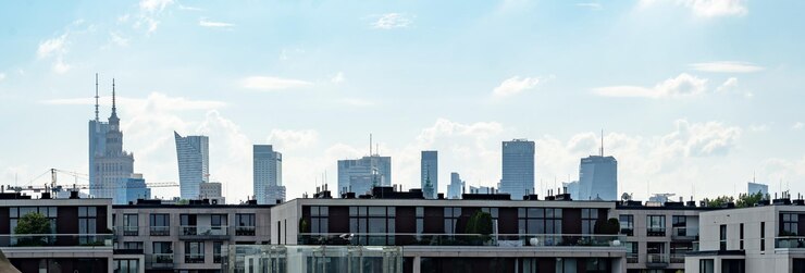 Polonia edifici della città di Varsavia paesaggio urbano panorama skyline Palazzo della Cultura alta fila di edifici alti panoramico scattato nessuno scattato punti di riferimento dell'architettura urbana moderna