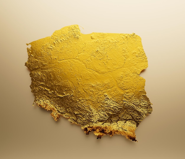 Polonia Mappa Metallo dorato Colore Altezza mappa Sfondo 3d illustrazione