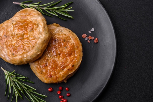 Polpette alla griglia con spezie ed erbe aromatiche o crepinette su uno sfondo di cemento scuro