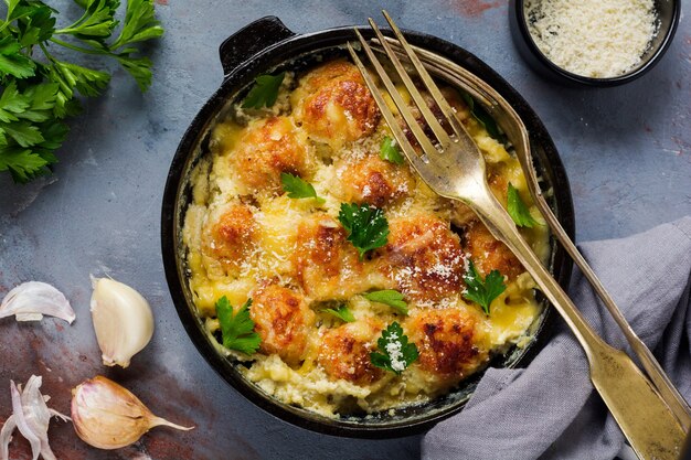 Polpette di carne con formaggio e salsa di panna in padella in ghisa su superficie grigia dell'annata