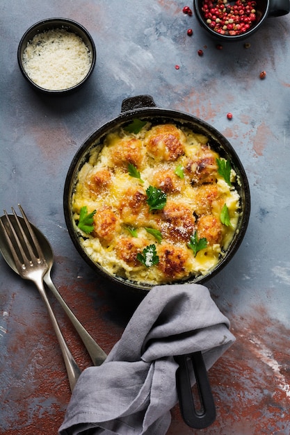 Polpette di carne con formaggio e salsa di panna in padella in ghisa su superficie grigia dell'annata