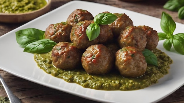 Polpette di carne di manzo e patate nuove bollite ricoperte di pesto di basilico su piastra bianca su lastra di legno texturato