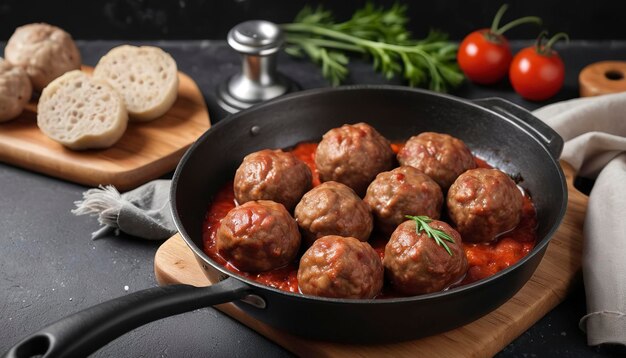 Polpette di carne in padella su tavola da taglio su uno sfondo rustico nero