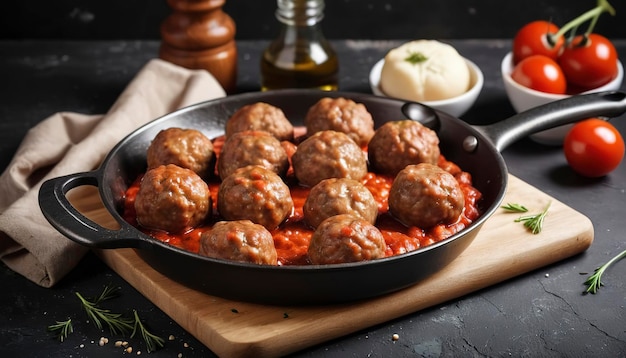 Polpette di carne in padella su tavola da taglio su uno sfondo rustico nero