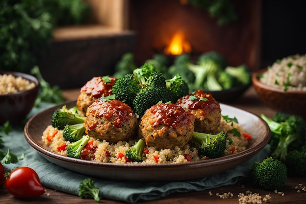 Polpette di filetto di pollo al forno con contorno di quinoa e broccoli bolliti corretta alimentazione sportiva