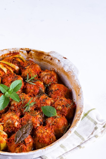 Polpette fatte in casa con salsa di pomodoro in un piatto bianco al forno con erbe su superficie bianca di marmo