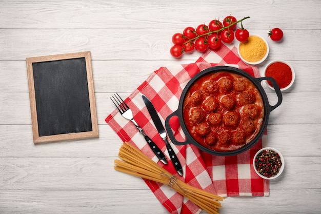 Polpette in salsa di pomodoro con spezie, pomodorini in una padella su una tavola di legno bianca