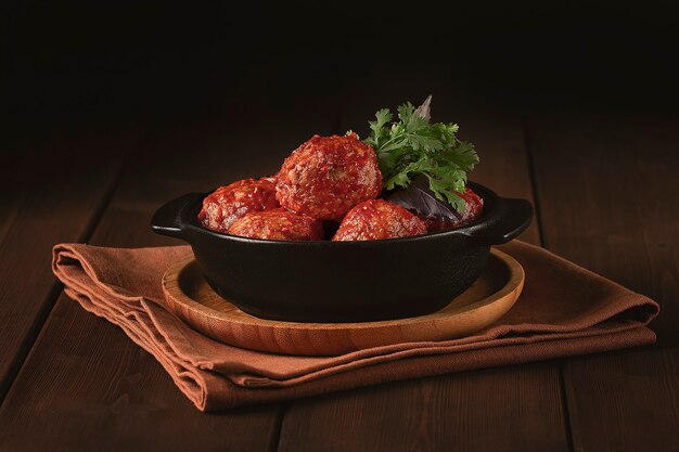 Polpette in salsa di pomodoro in una padella in ghisa su un tavolo di legno orizzontale rustico nessun popolo