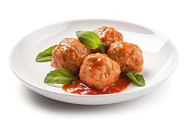 Polpette su un piatto con foglie di basilico su sfondo bianco