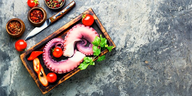 Polpo crudo su tavola di legno